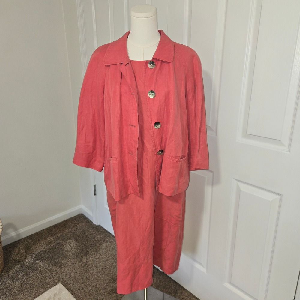 J. Jill Dress & Jacket Set Women XL/L Petite Coral Silk Linen 2 Piece Co-ord